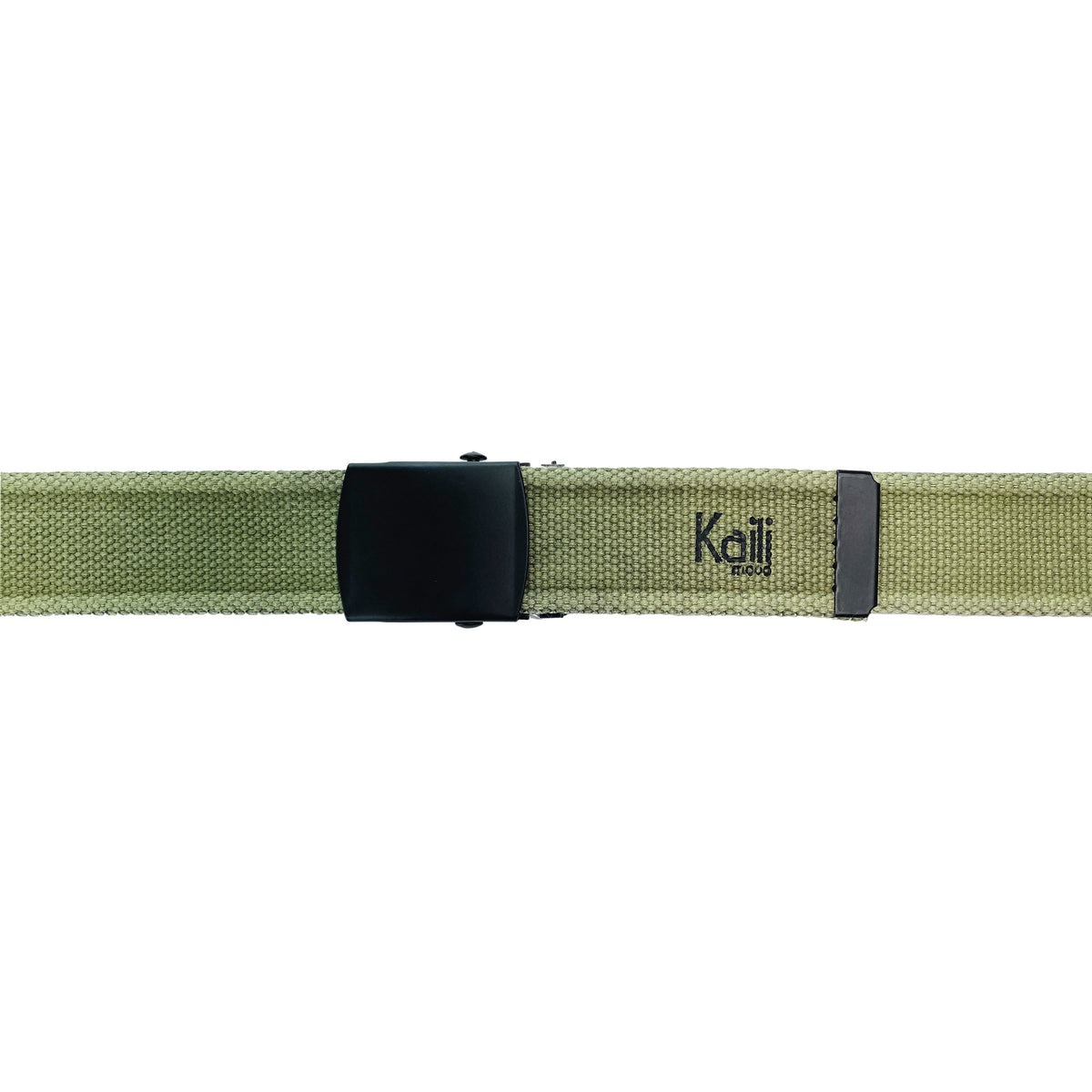 K4010EB | Tape Belt Canvas Stone Washed Col. Green with Matte Black Buckle. Size: 125 x 4 x 0.5 cm One Size - Shortenable. Packaging: hard bottom/cover Gift Box
