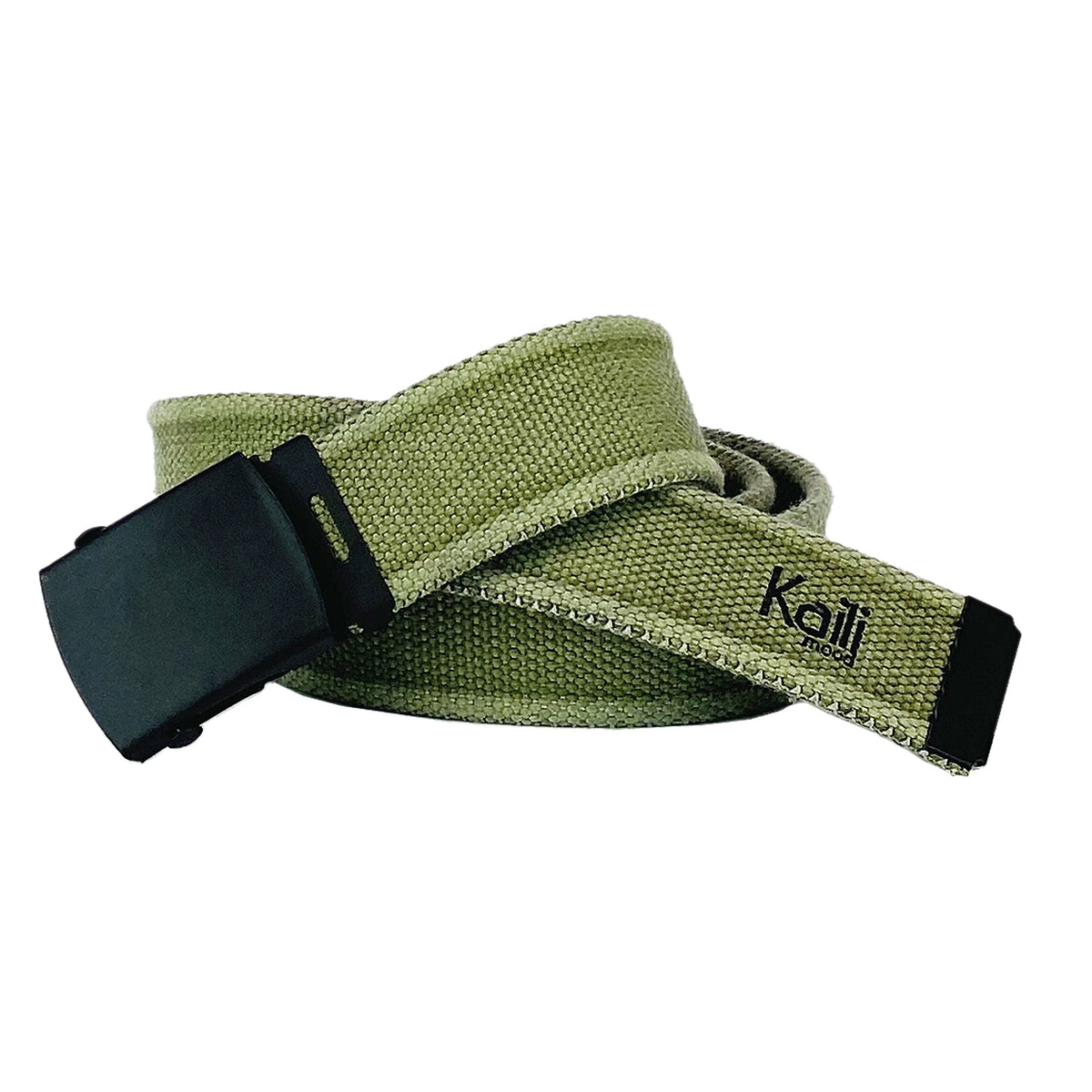 K4010EB | Tape Belt Canvas Stone Washed Col. Green with Matte Black Buckle. Size: 125 x 4 x 0.5 cm One Size - Shortenable. Packaging: hard bottom/cover Gift Box