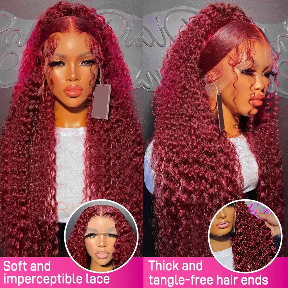 30 Inch Burgundy 99j Deep Wave Frontal Wig Colored Curly Human Hair Wigs 200 250 Density 13x4 Hd Lace Frontal Human Hair Wigs
